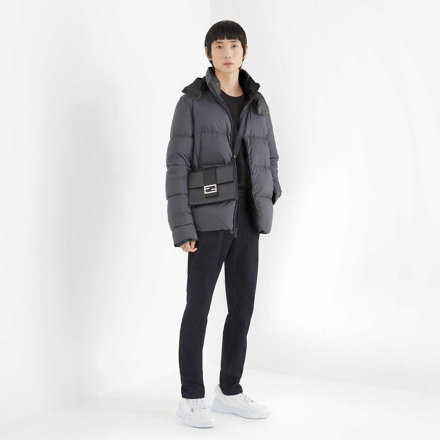 Fendi Grey Hooded Baffled Puffer Jacket — context