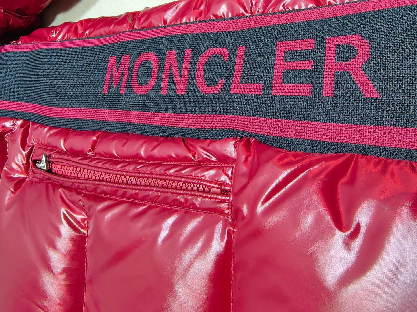 Moncler Glossy Knit-Panel Short Down Coat — detail