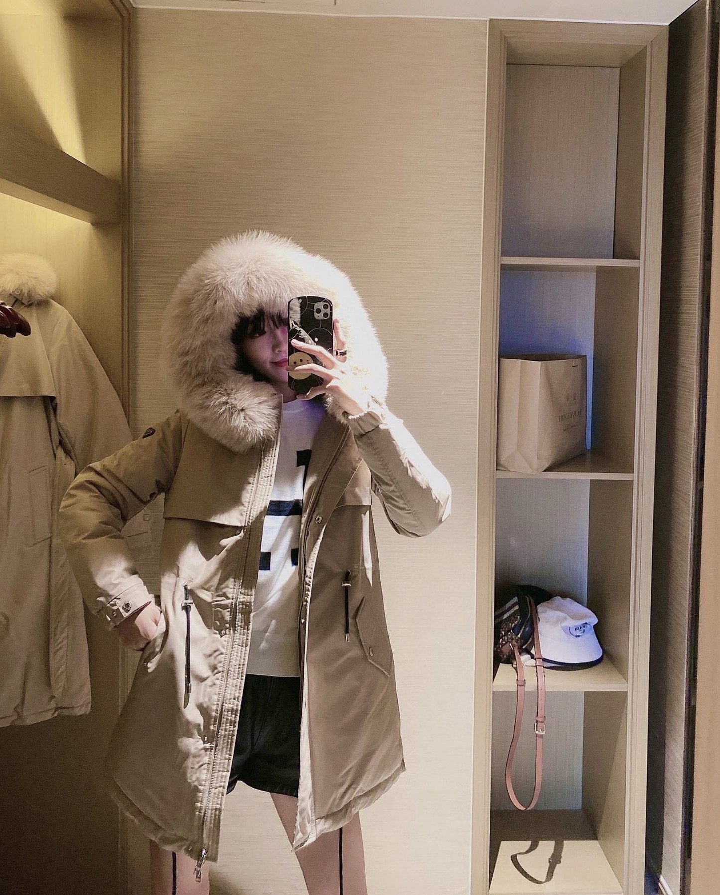 Prada Detachable Fox Fur-Trim Hood Long Down Jacket — context