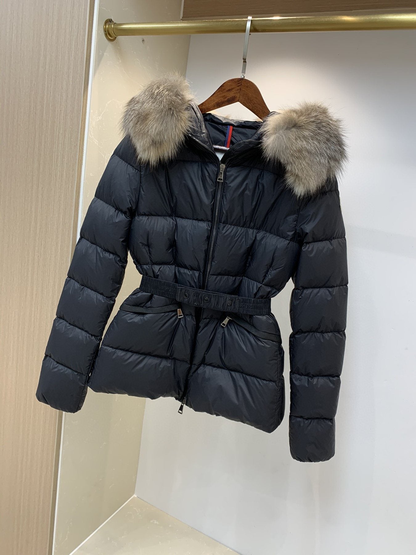 Moncler Fur-Trim Belted Puffer Coat — front