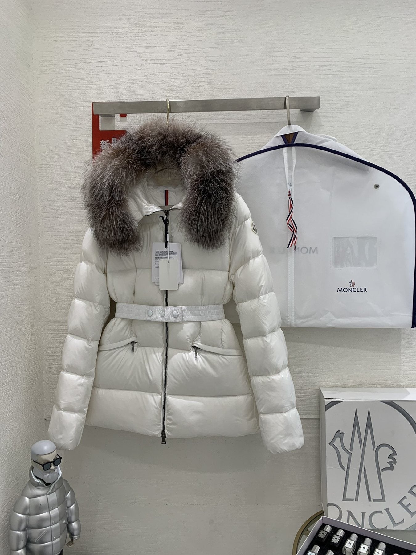 Moncler Fur-Trim Belted Puffer Coat — front