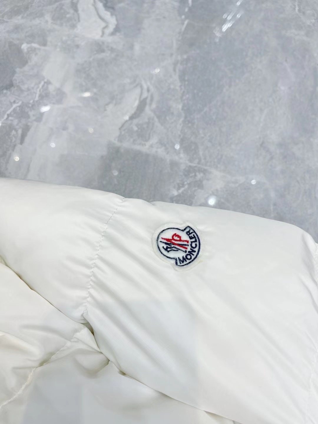 Moncler White Fur-Trim Hood Long Down Coat — detail