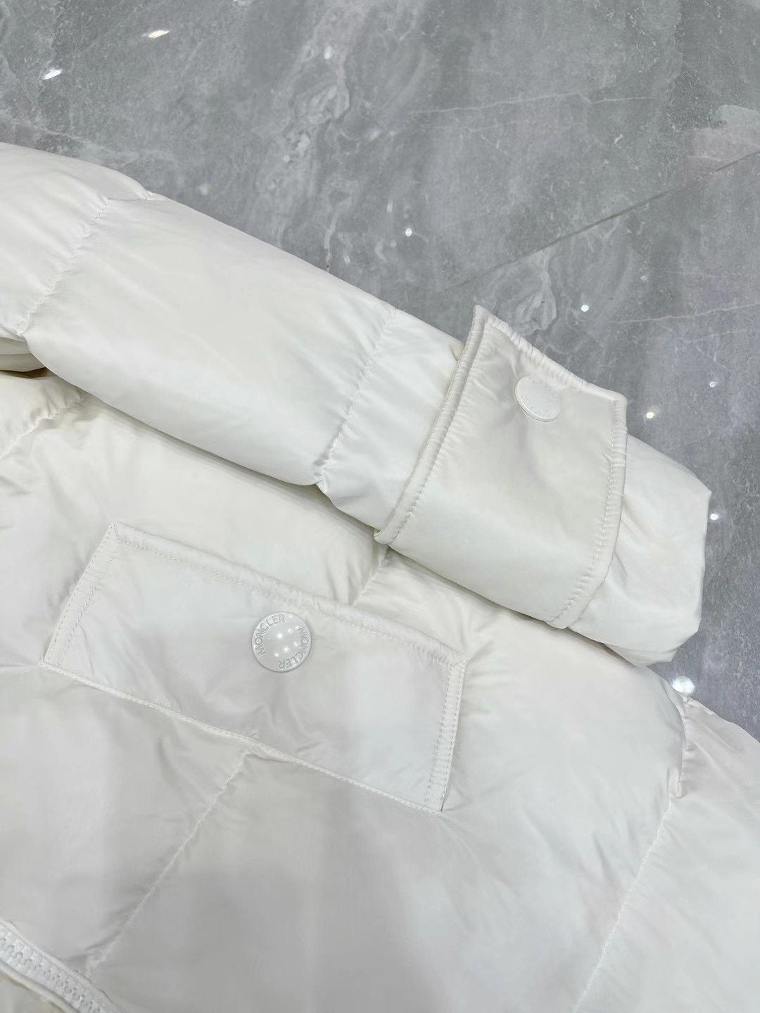 Moncler White Fur-Trim Hood Long Down Coat — detail