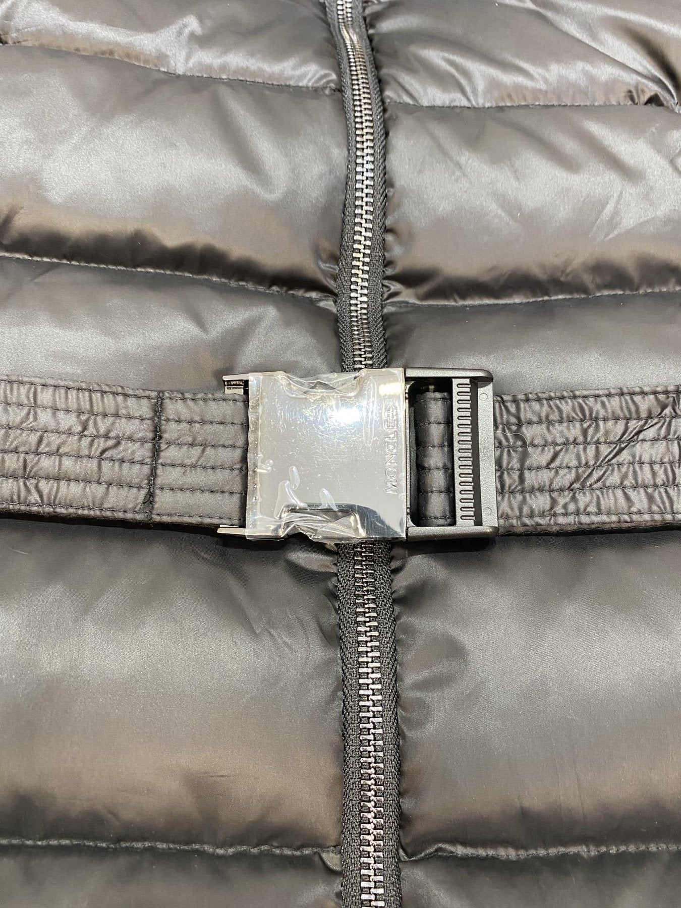 Moncler Fur-Trim Hood Belted Short Down Coat — detail