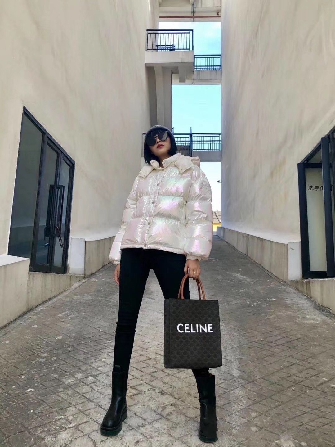 Moncler Iridescent White Short Down Coat — context