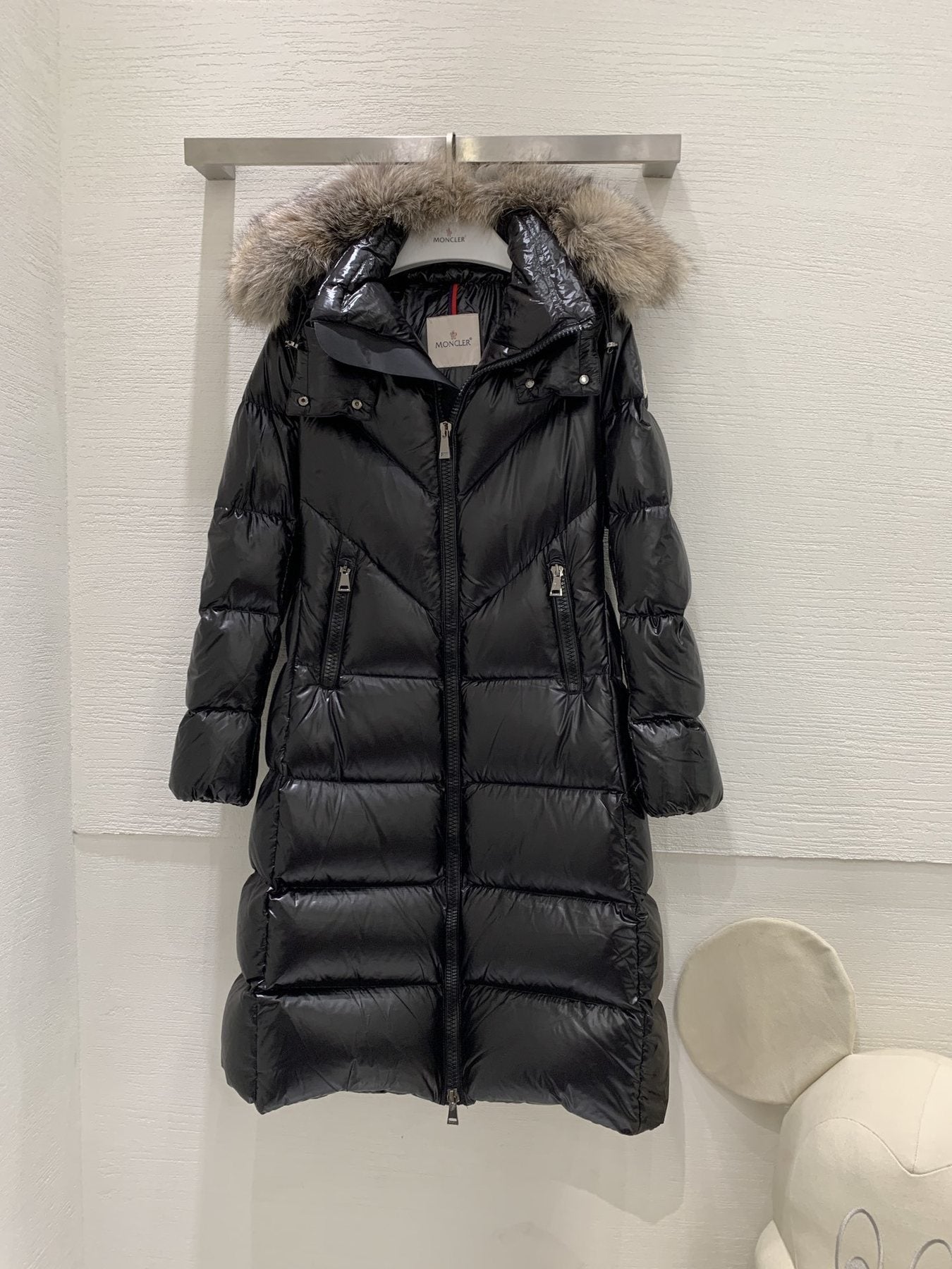 Moncler Women’s Long Down Jacket with Fur-Trim Hood — hang_tag