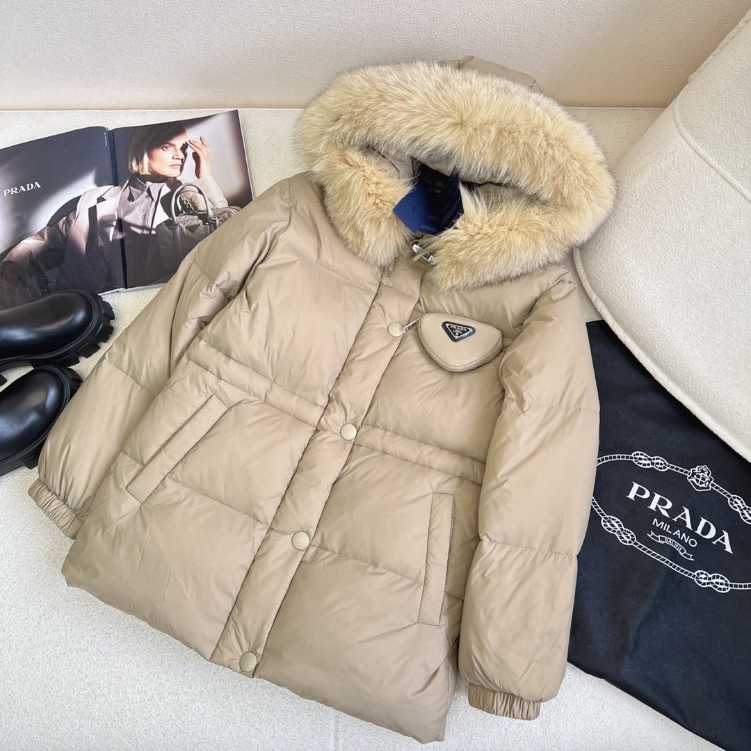 Prada Fur-Trim Hooded Puffer Jacket with Detachable Pouch — front