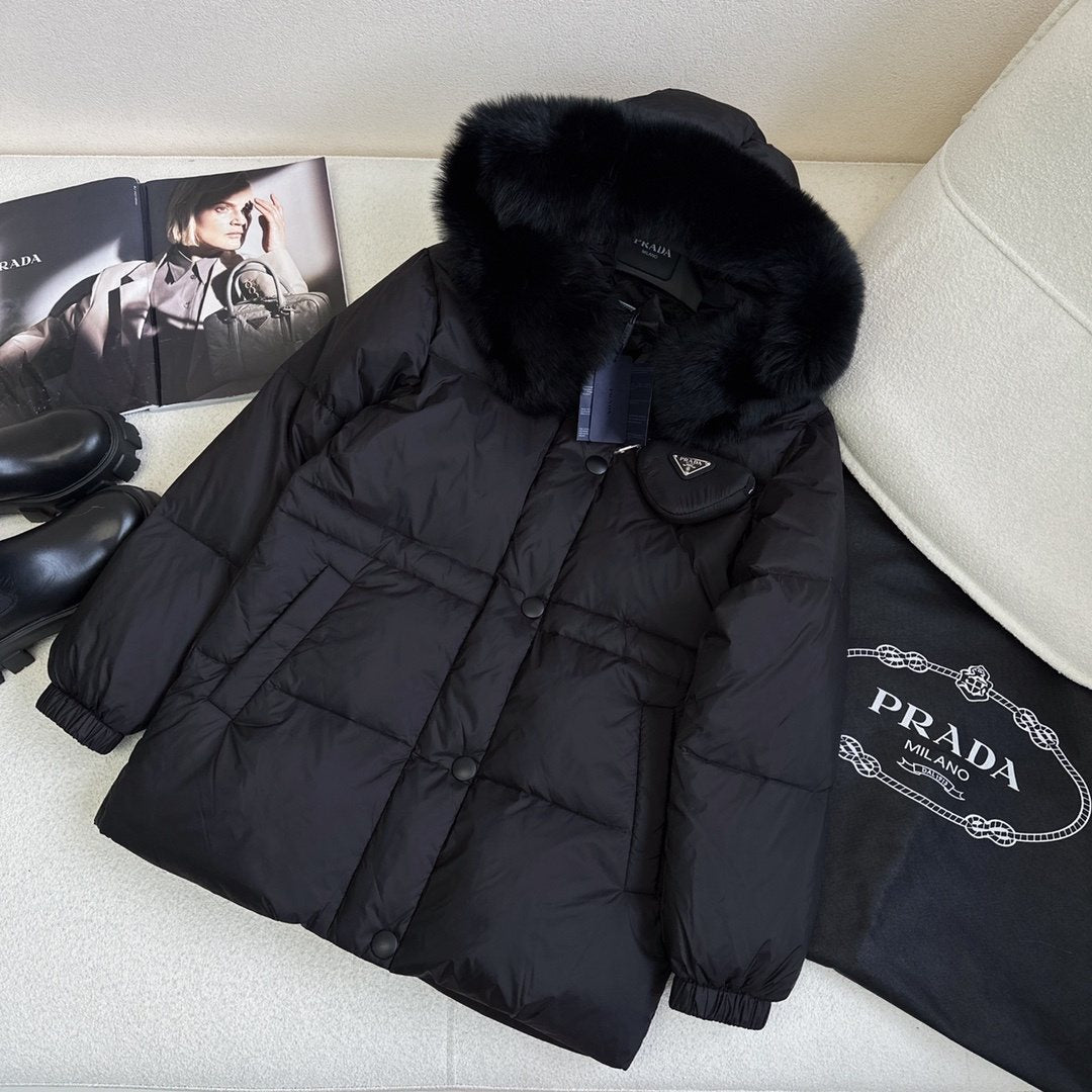 Prada Fur-Trim Hooded Puffer Jacket with Detachable Pouch — front