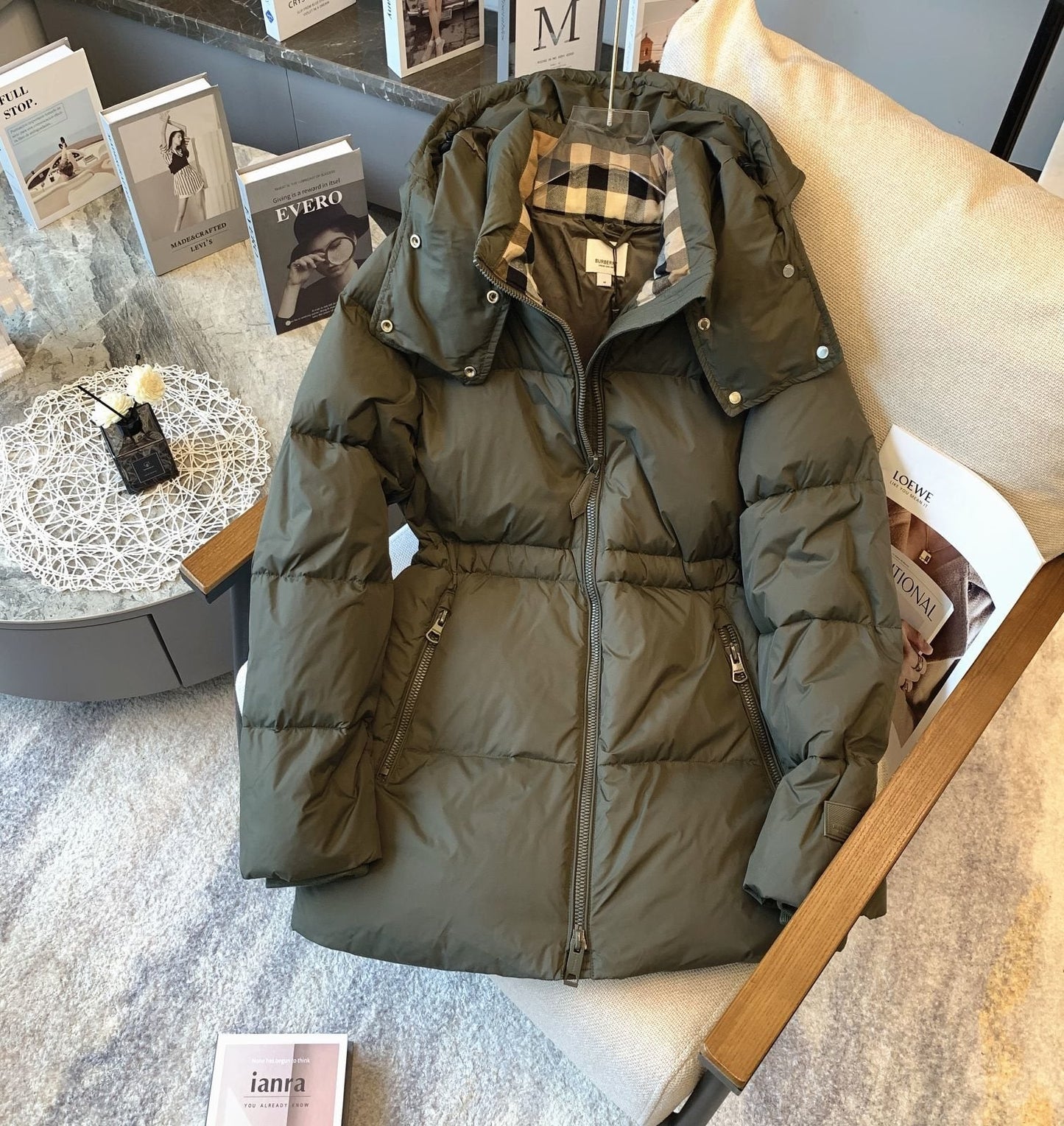 Burberry Hooded Quilted Long Down Jacket — front