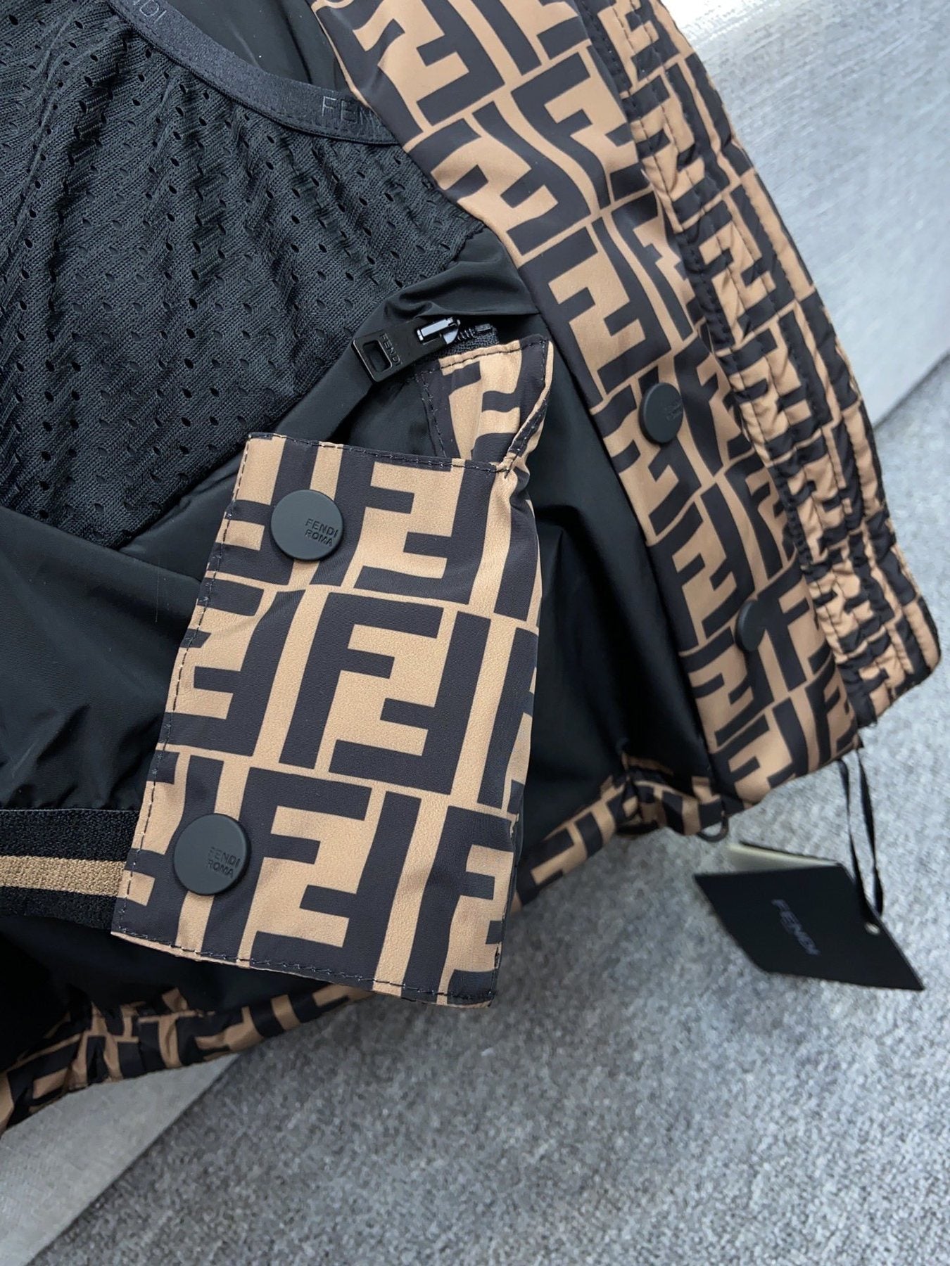 Fendi Brown Monogram Hooded Puffer Jacket — fabric_closeup