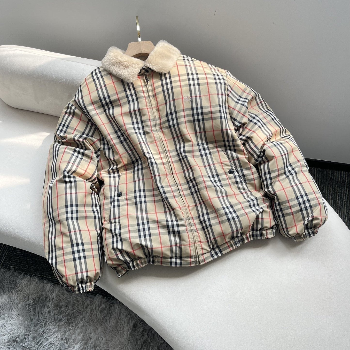 Burberry Beige Check Shearling-Collar Puffer Jacket — context