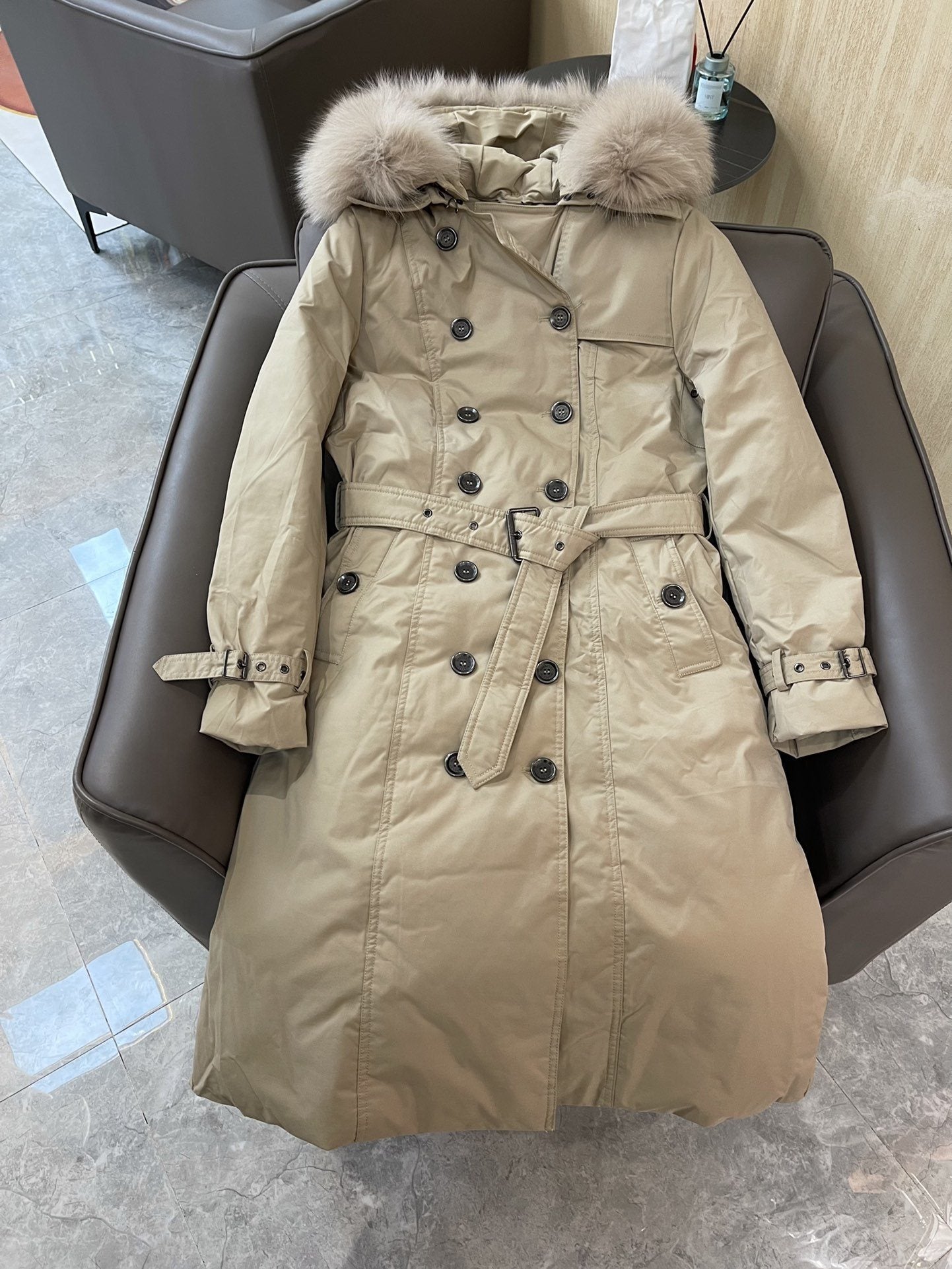 Burberry Fur-Trim Hooded Long Down Jacket — hero
