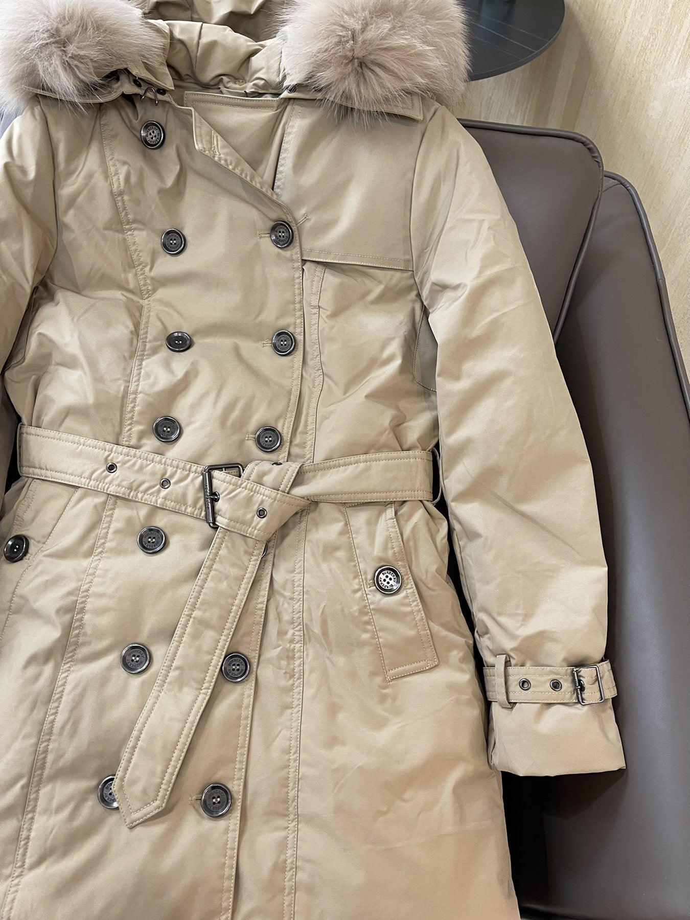 Burberry Fur-Trim Hooded Long Down Jacket — front