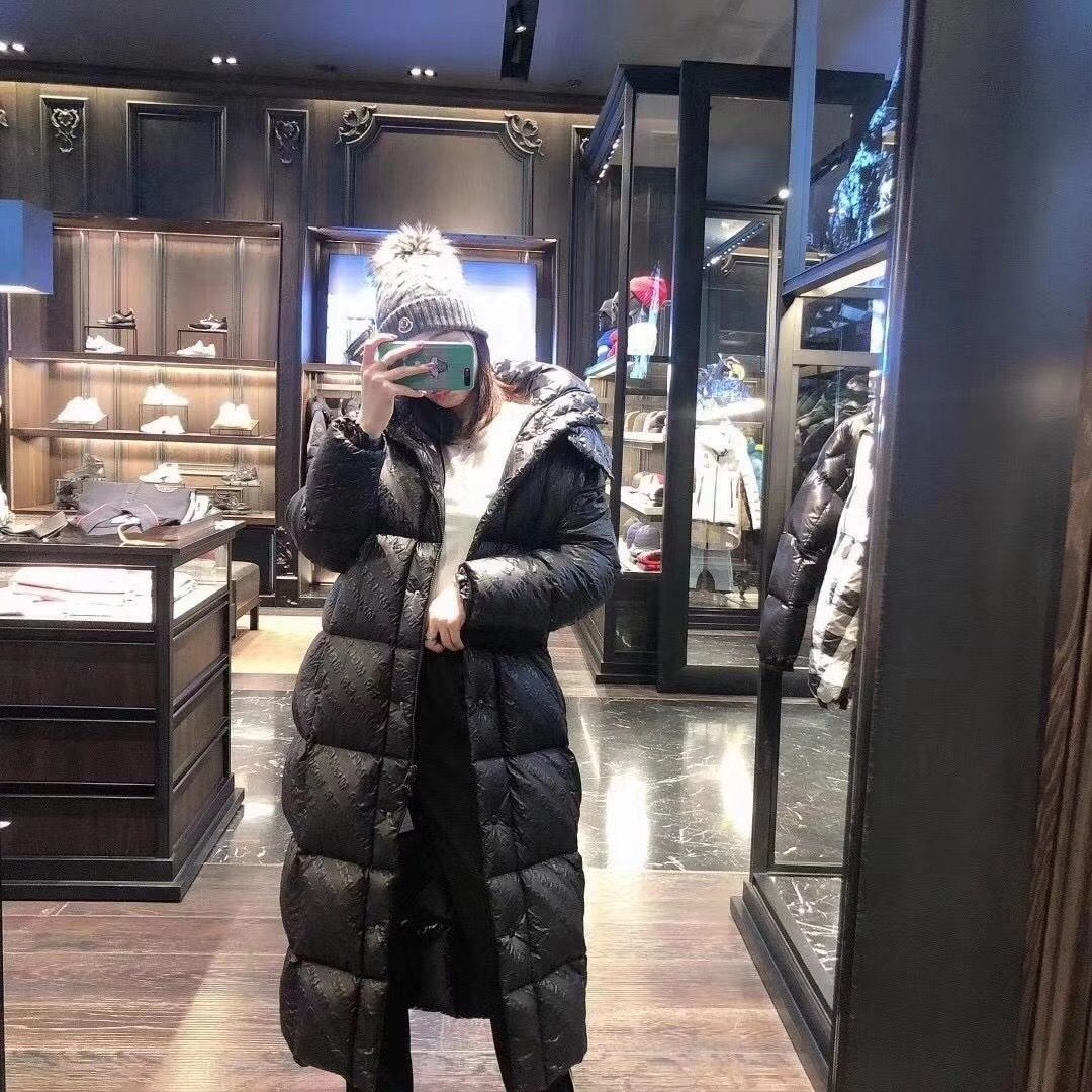 Moncler Women's All-Over Print Long Down Coat — model