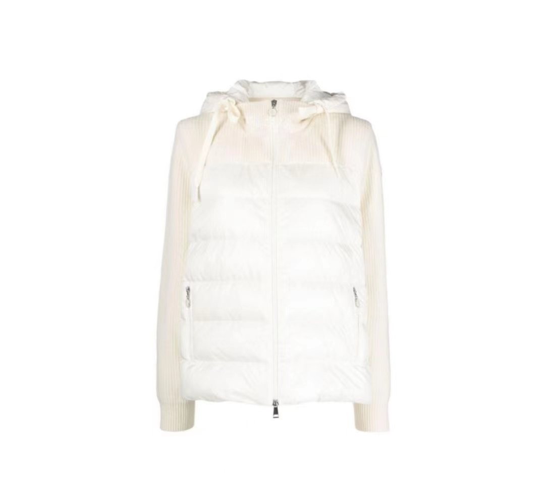 Moncler Women's Hooded Knit Sleeve Down Jacket — hero