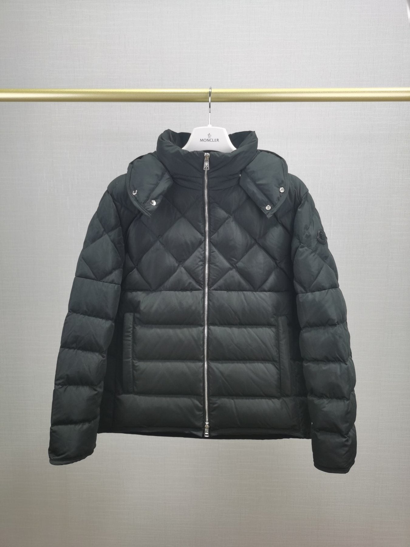 Moncler Men's Quilted Short Down Coat with Detachable Hood — front