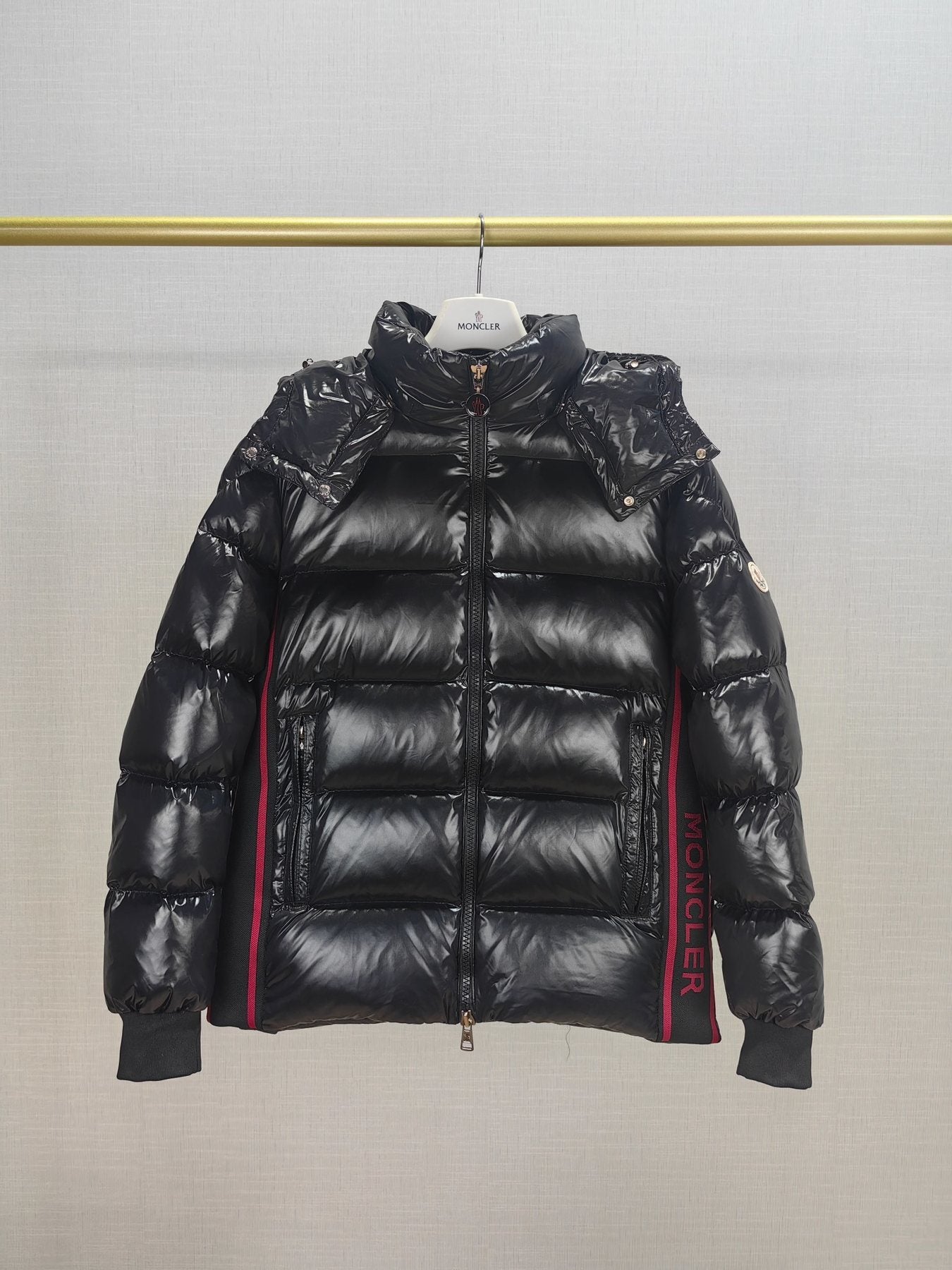 Moncler Glossy Knit-Panel Short Down Coat — front