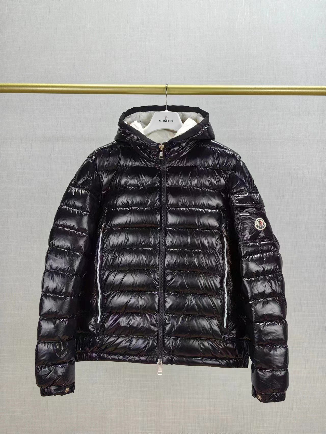 Moncler Hooded Glossy Short Down Coat — front