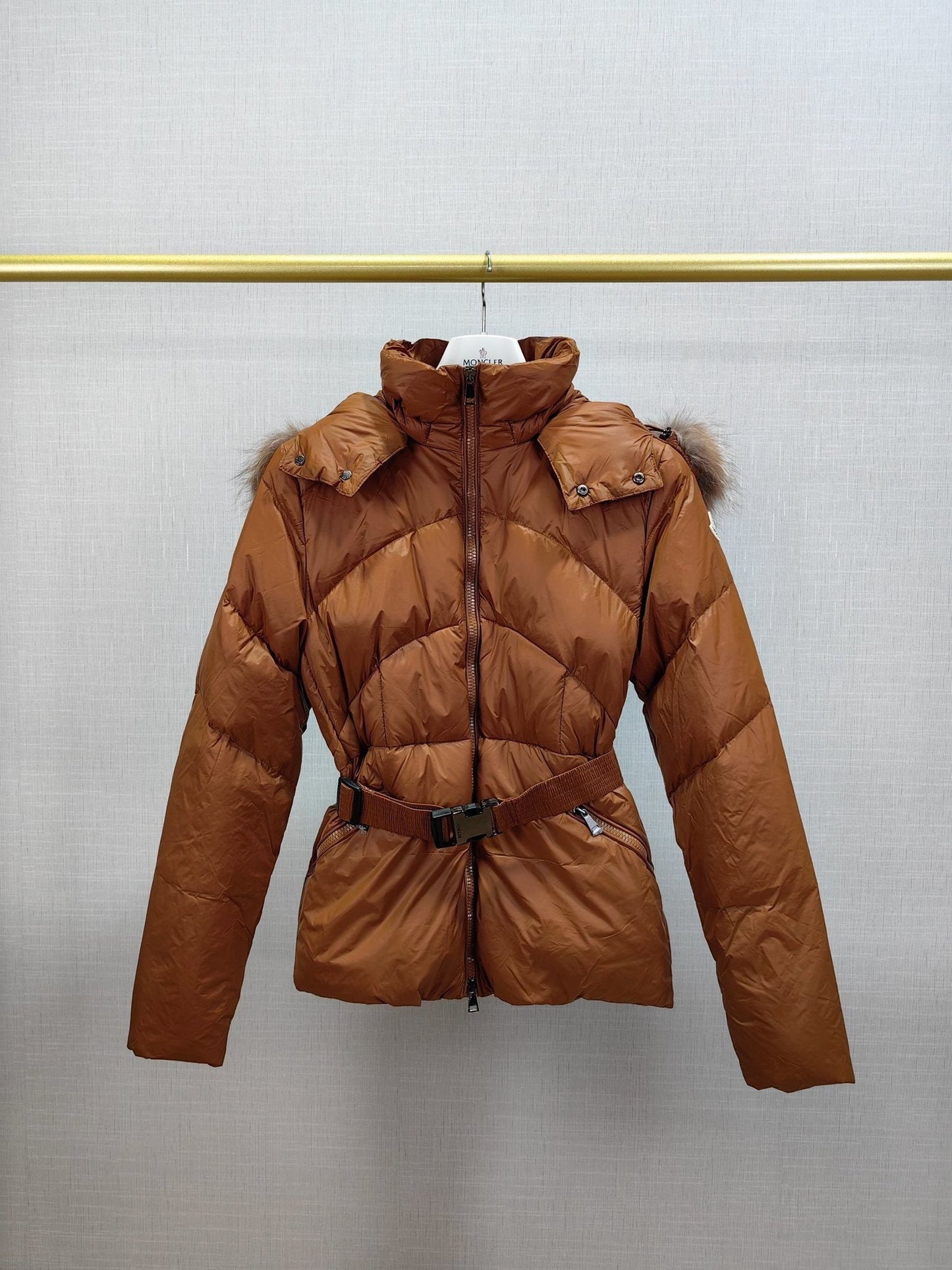 Moncler Women's Fur-Trim Hood Belted Short Down Coat — hero