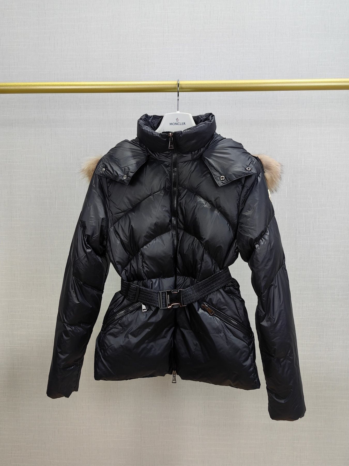 Moncler Women's Fur-Trim Hood Belted Short Down Coat — front