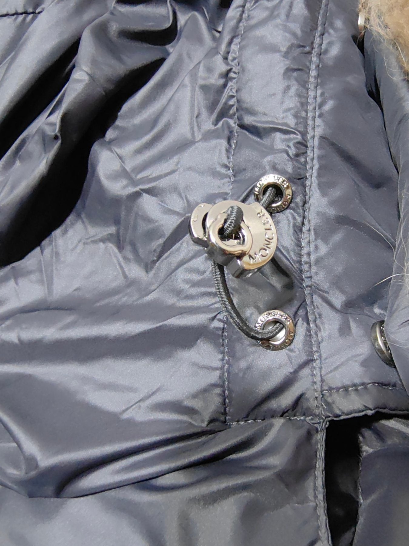 Moncler Women's Fur-Trim Hood Belted Short Down Coat — detail