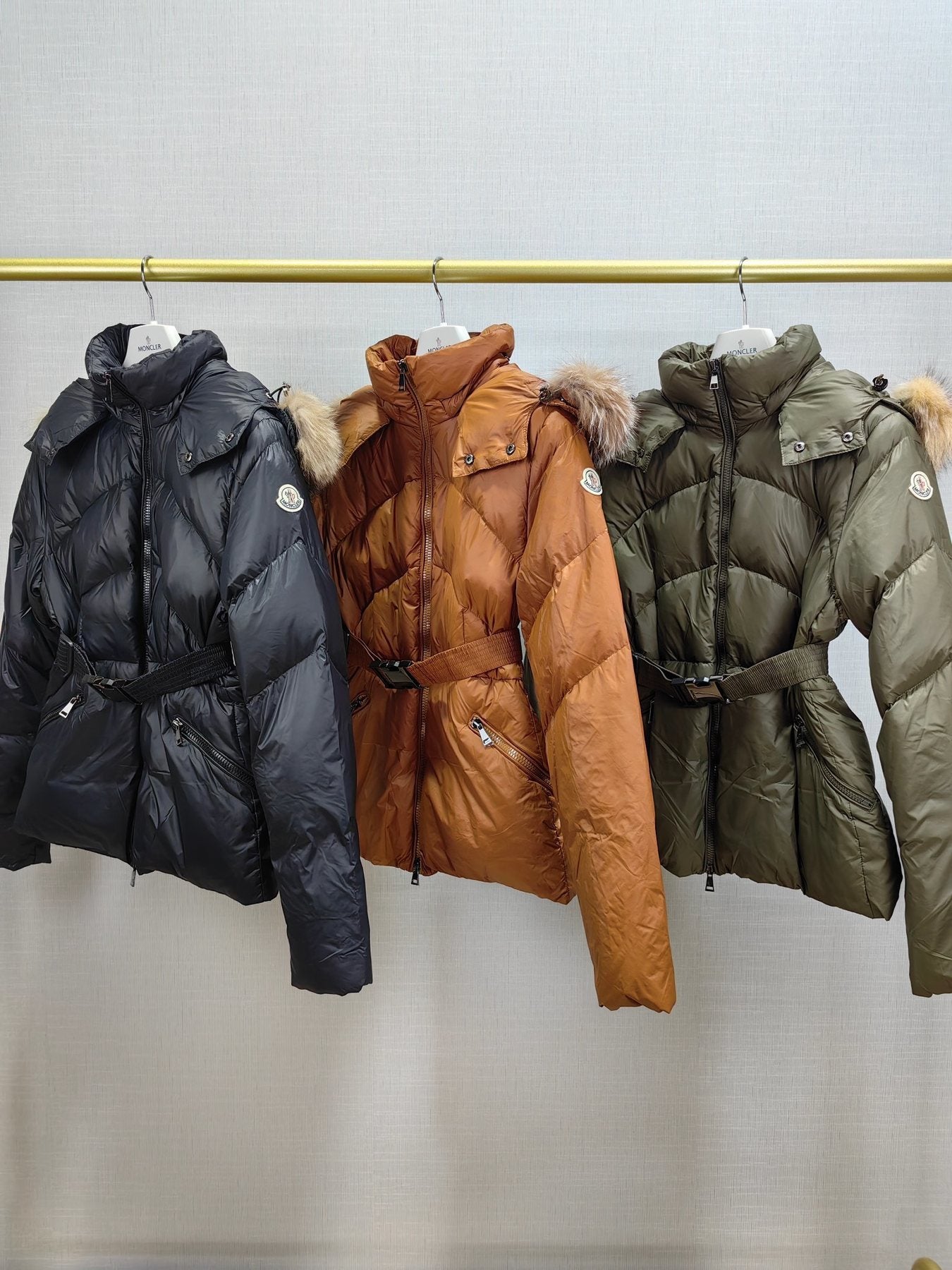 Moncler Women's Fur-Trim Hood Belted Short Down Coat — comparison