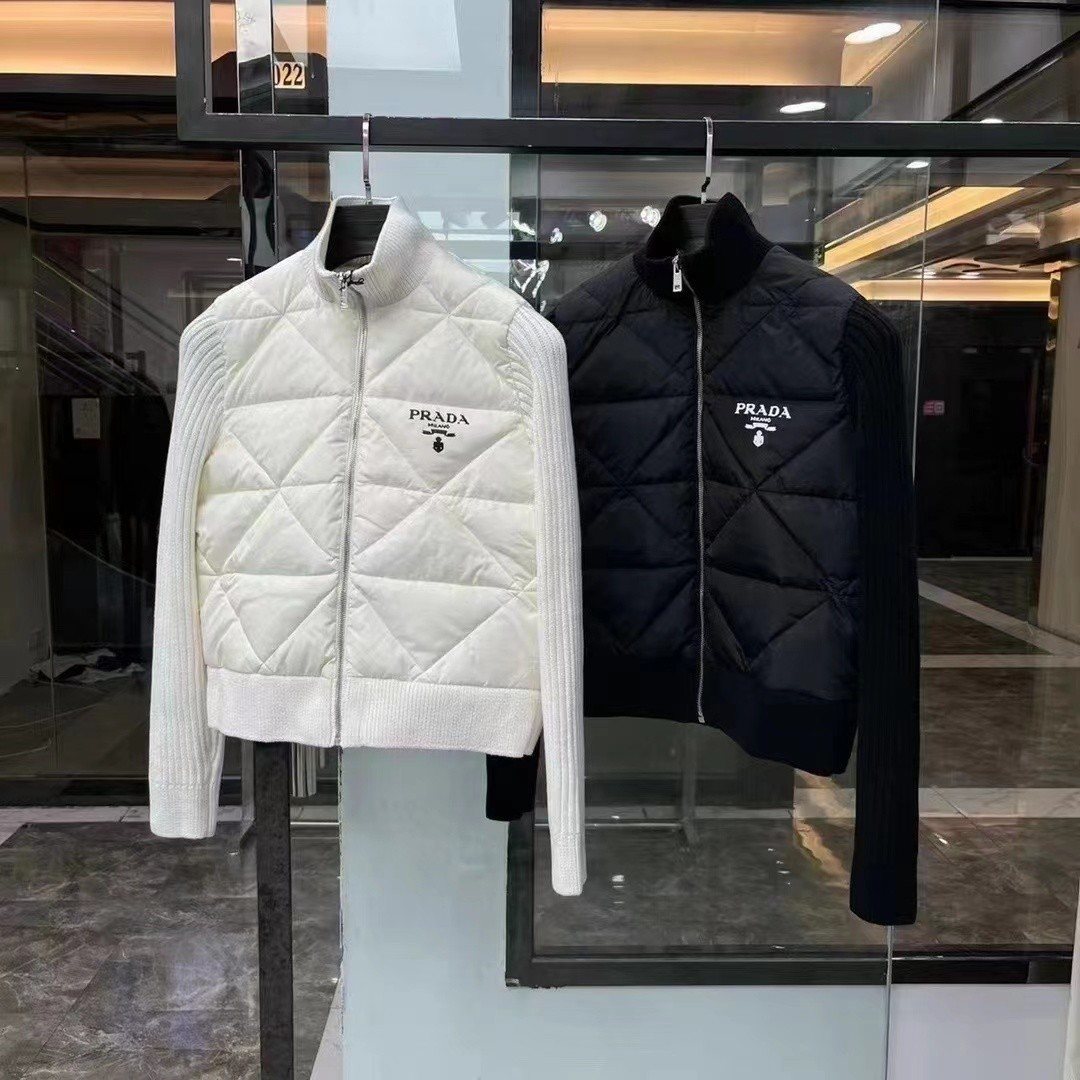 Prada Quilted Knit-Sleeve Jacket — comparison