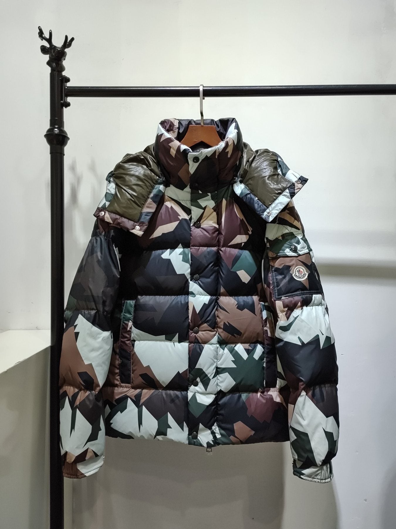 Moncler Geometric Camouflage Hooded Puffer Coat — front