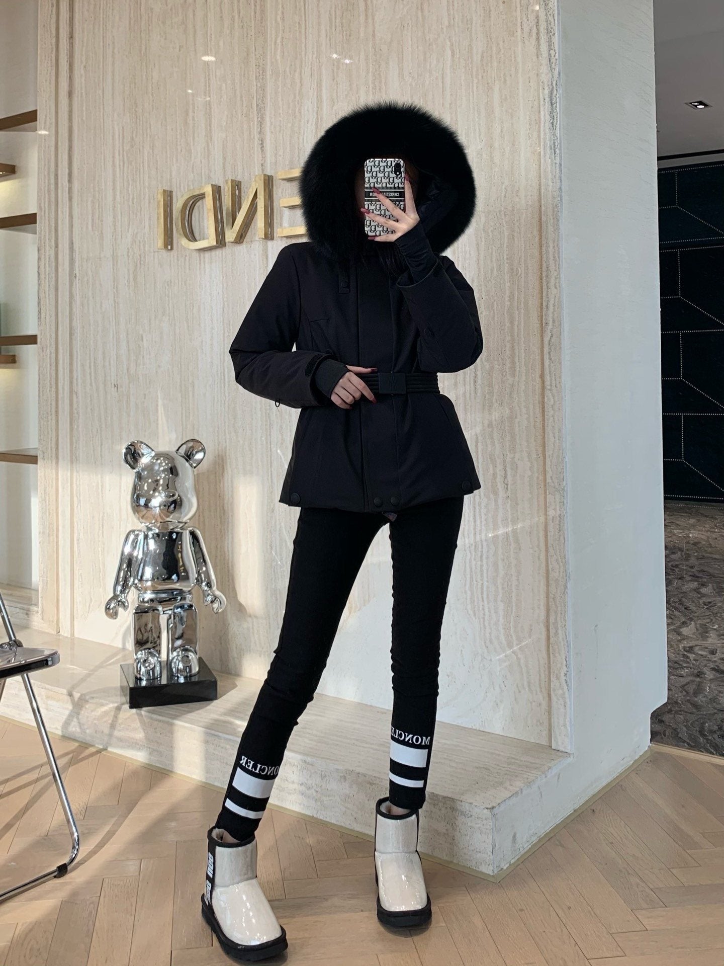 Moncler Women's Fur-Trim Hood Belted Puffer Coat — hero