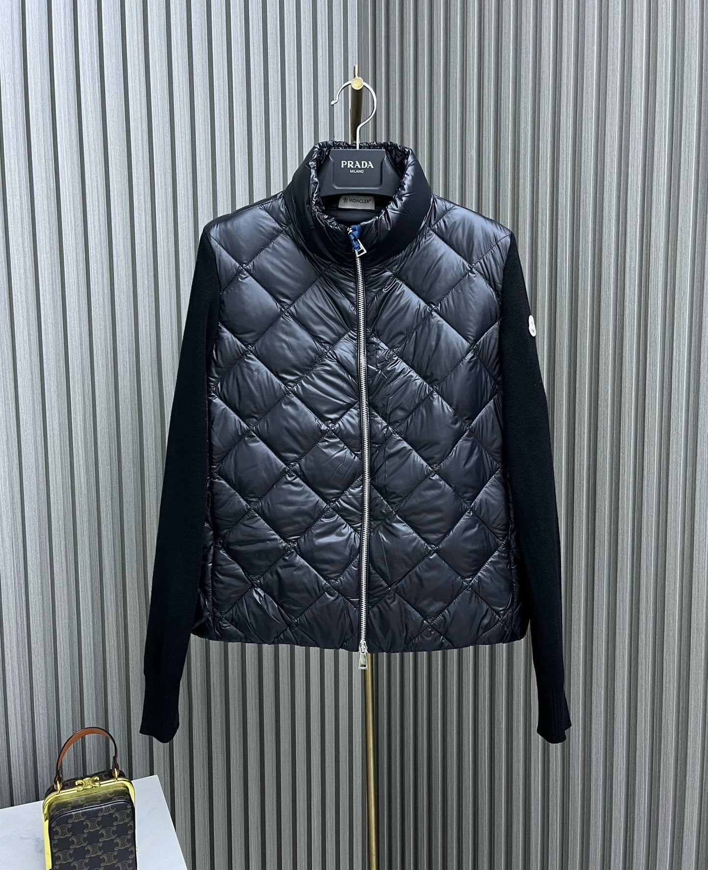 Moncler Diamond-Quilted Knit Sleeve Down Coat — front