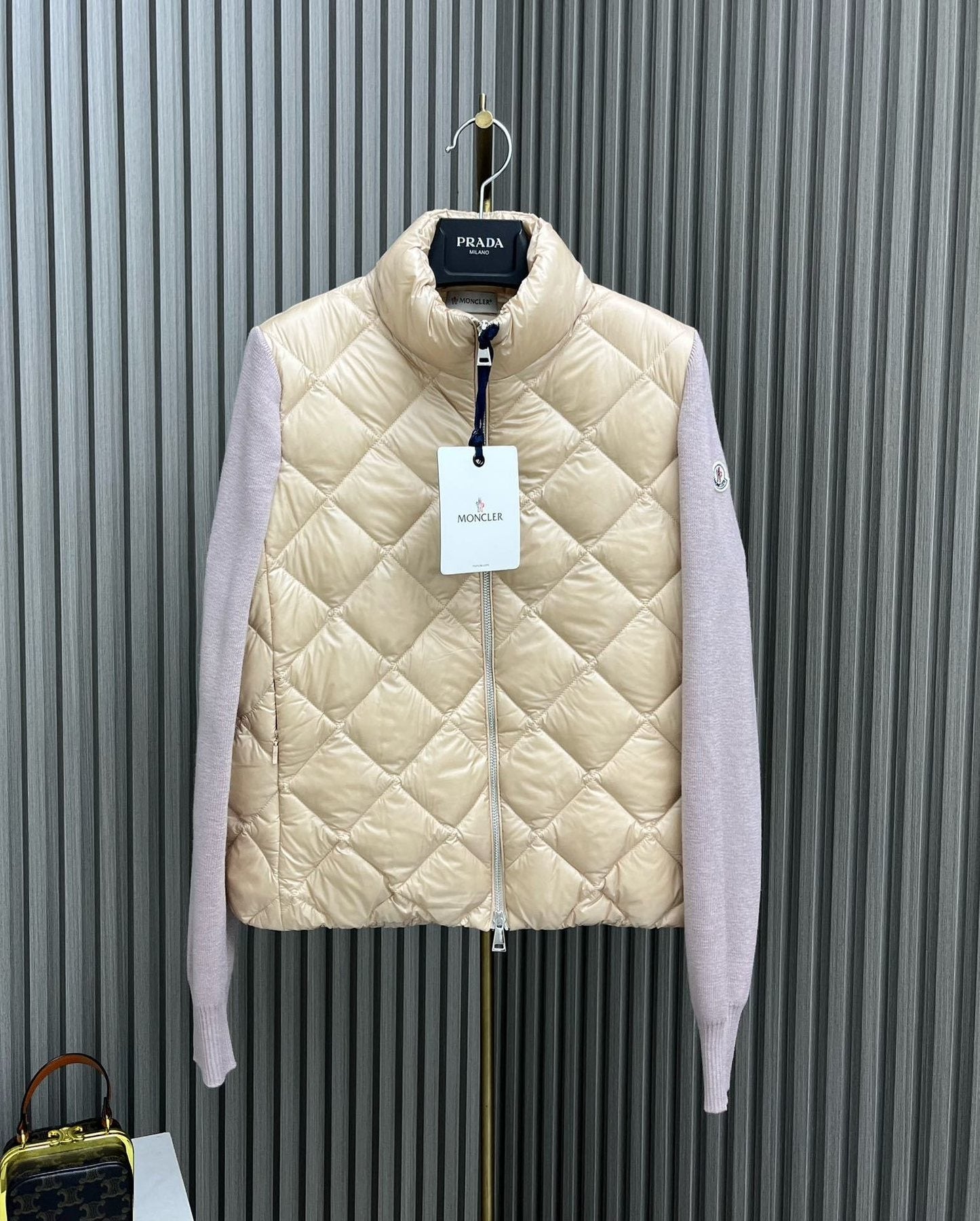Moncler Diamond-Quilted Knit Sleeve Down Coat — front