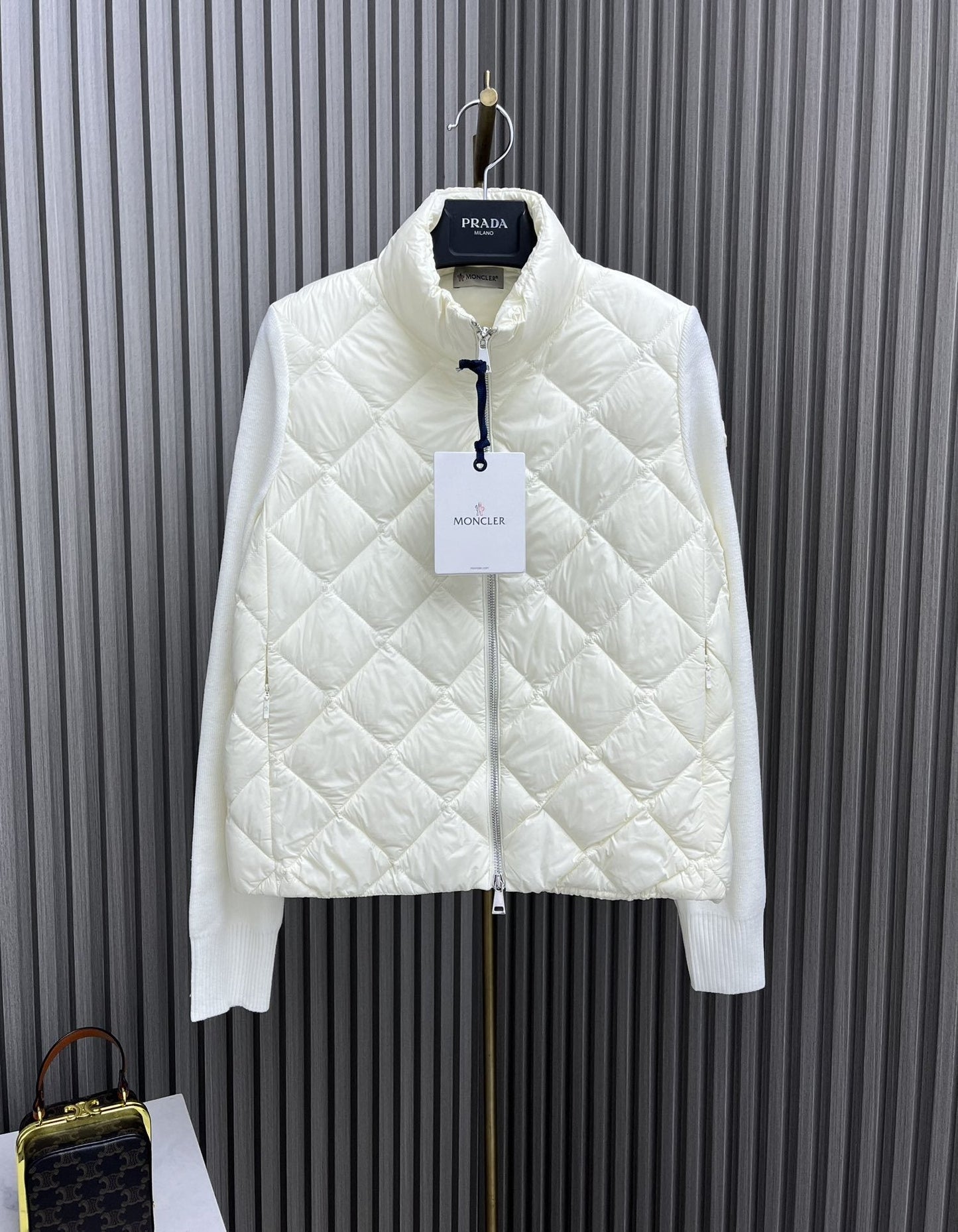 Moncler Diamond-Quilted Knit Sleeve Down Coat — hero