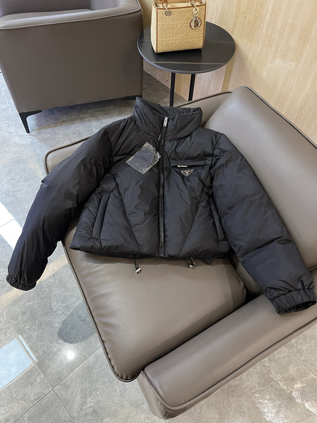 Prada Triangle Plaque Short Down Jacket — front