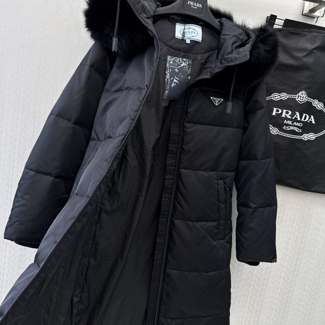 Prada Fur-Trim Hooded Longline Puffer Jacket — detail