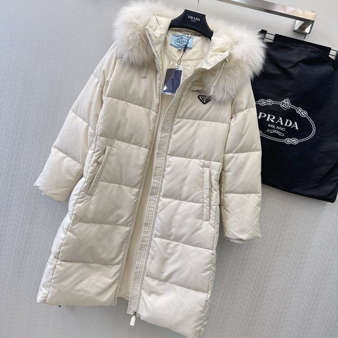 Prada Fur-Trim Hooded Longline Puffer Jacket — front