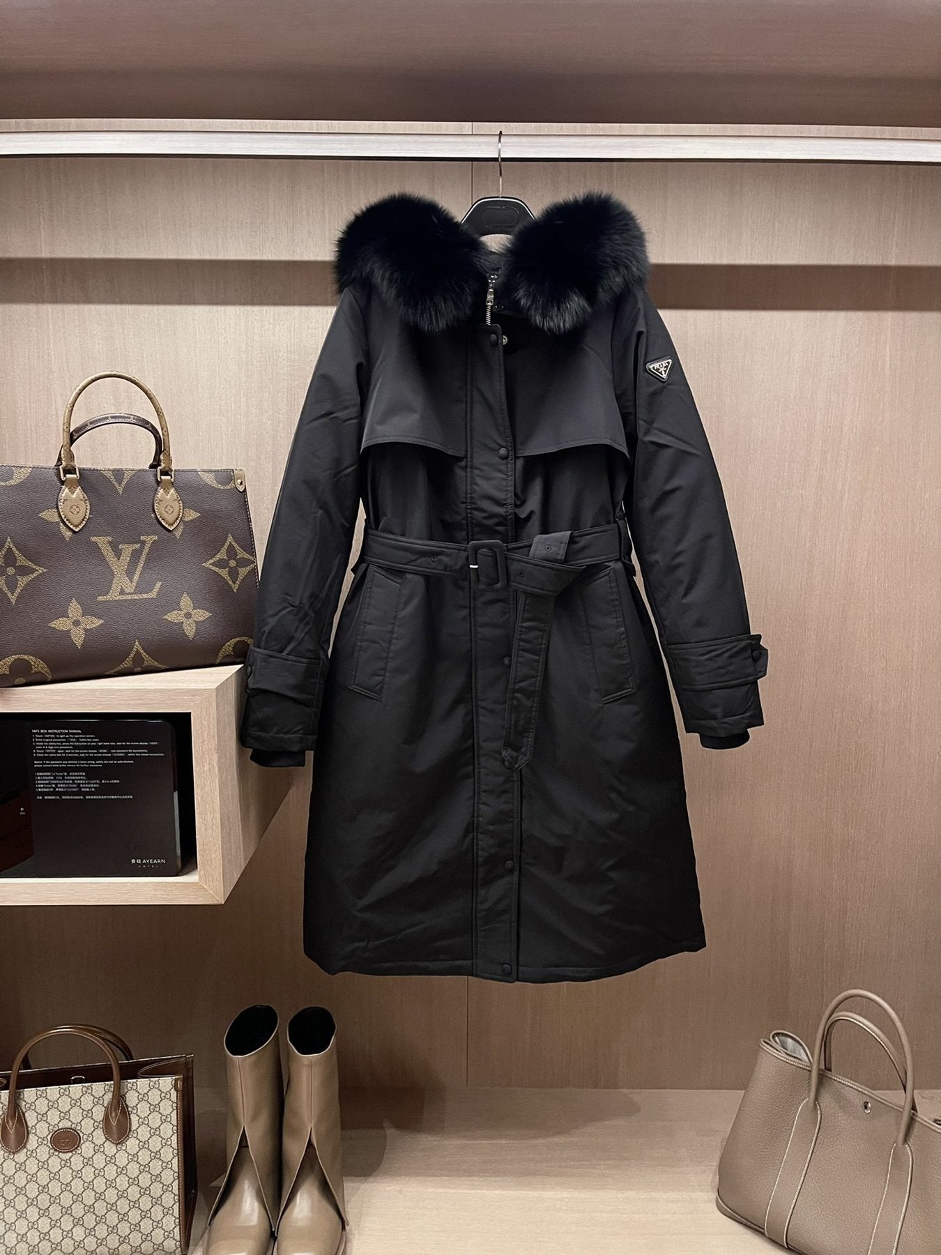 Prada Fur-Trim Hood Belted Long Down Jacket — front
