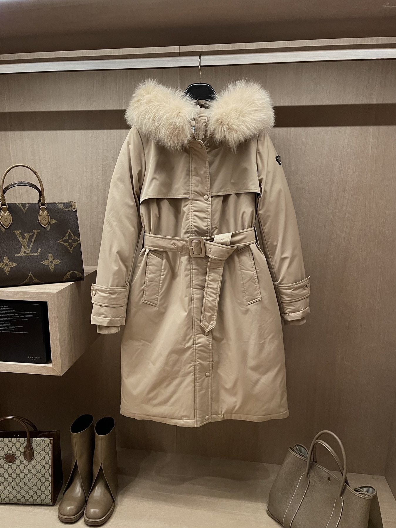 Prada Fur-Trim Hood Belted Long Down Jacket — front