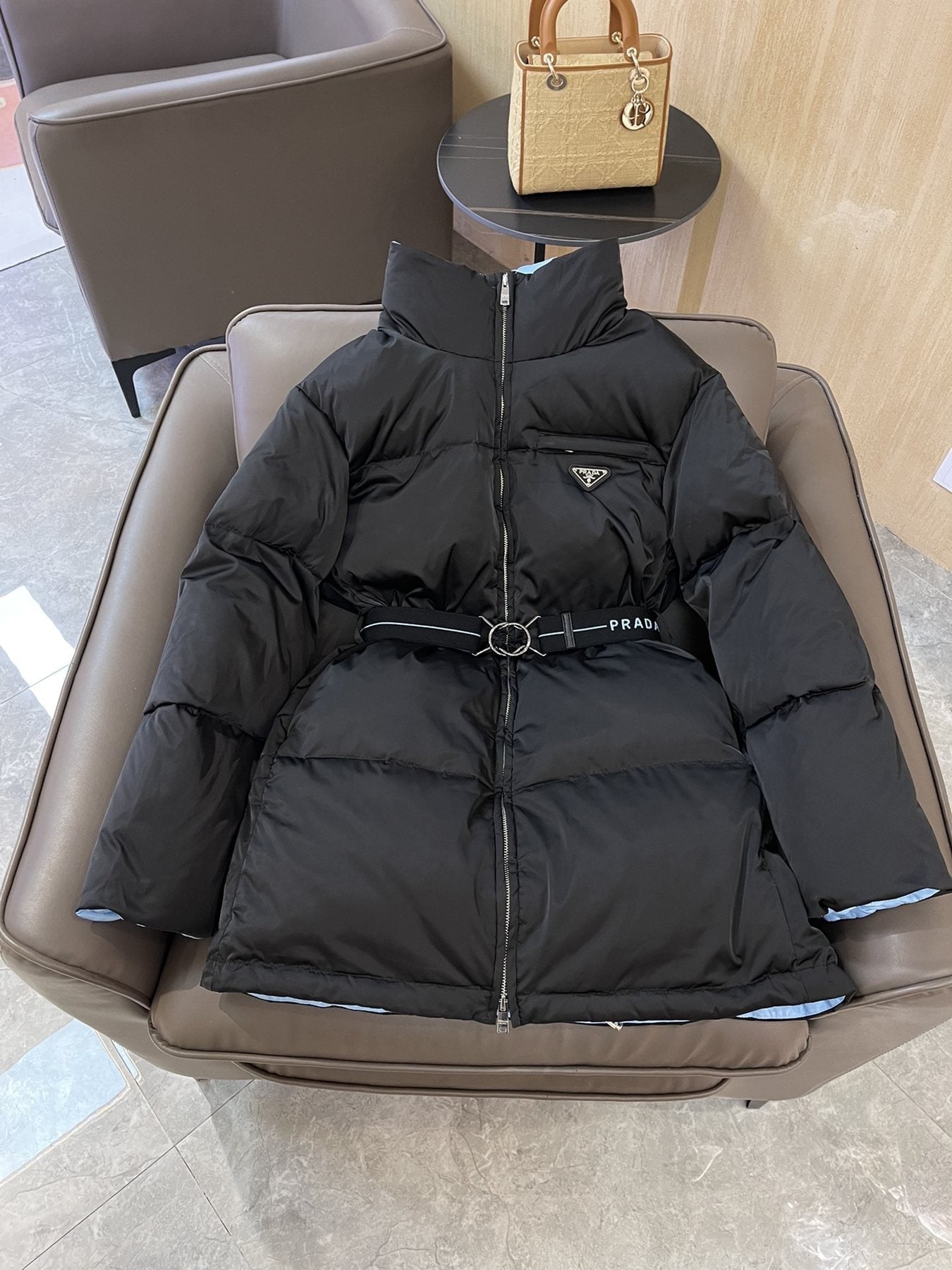 Prada Reversible Belted Long Puffer Jacket — front