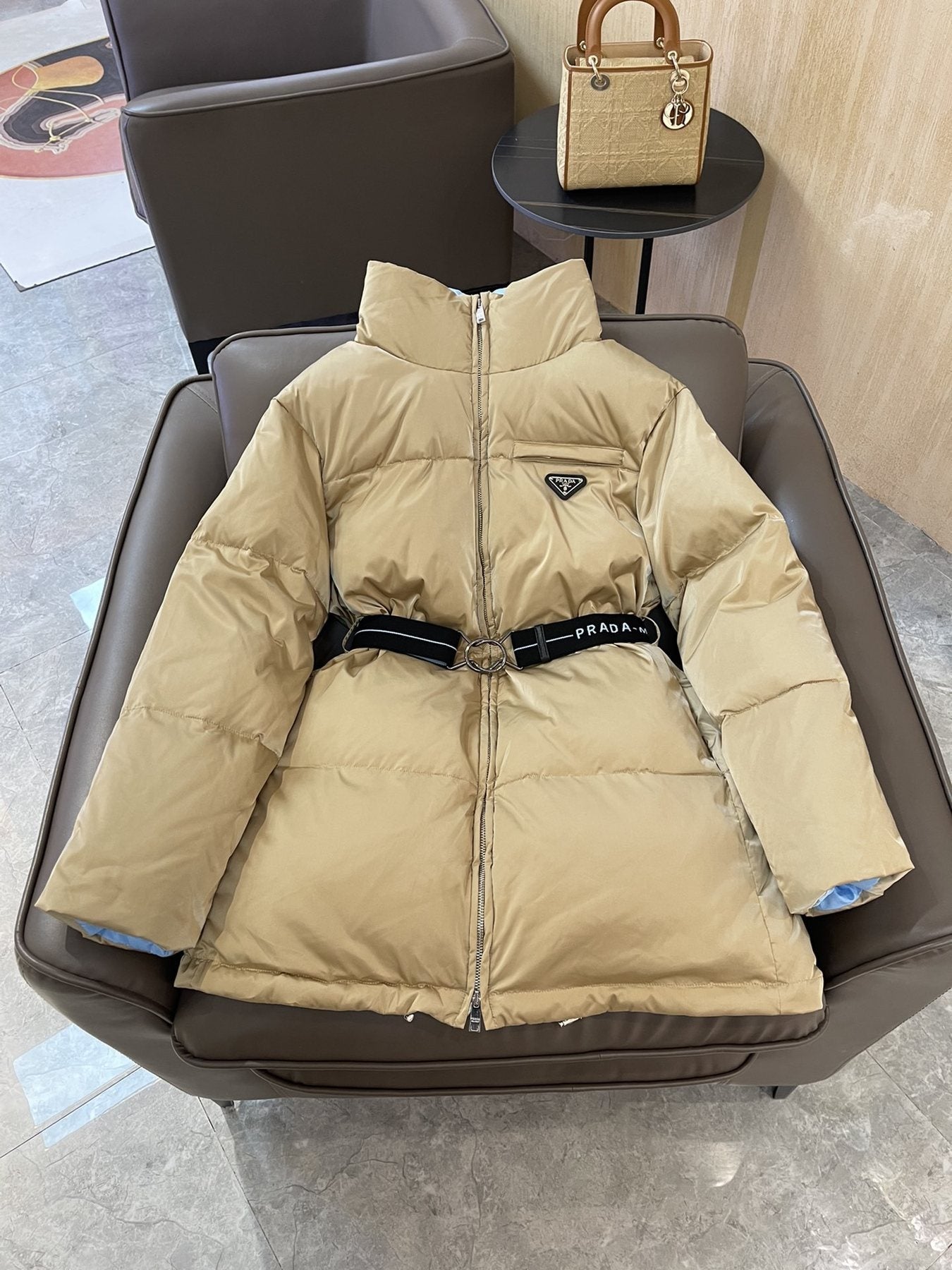 Prada Reversible Belted Long Puffer Jacket — front
