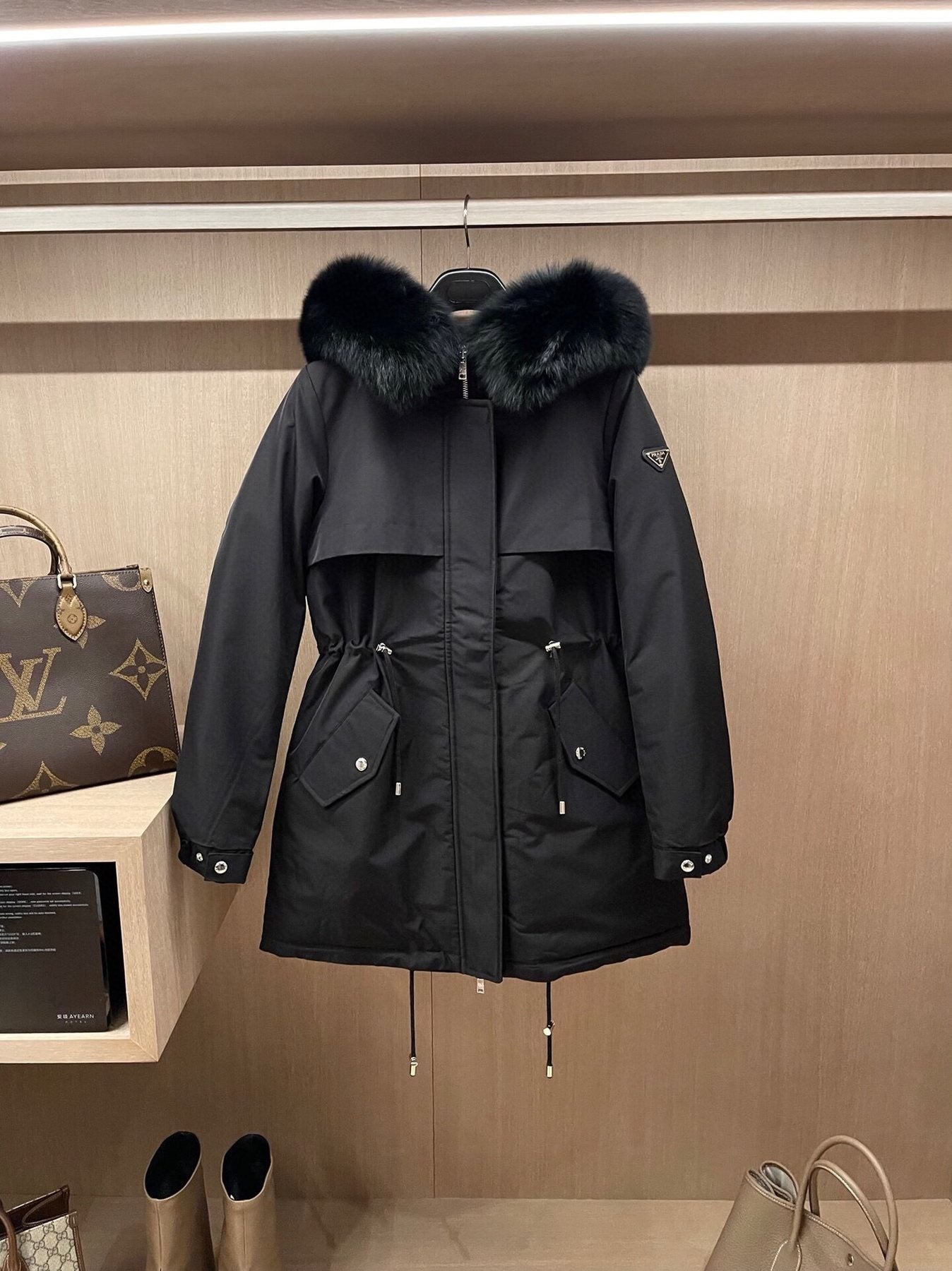Prada Detachable Fox Fur-Trim Hood Long Down Jacket — front