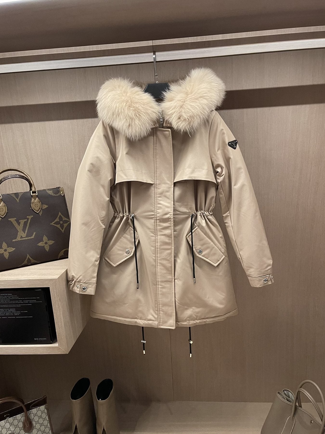 Prada Detachable Fox Fur-Trim Hood Long Down Jacket — front