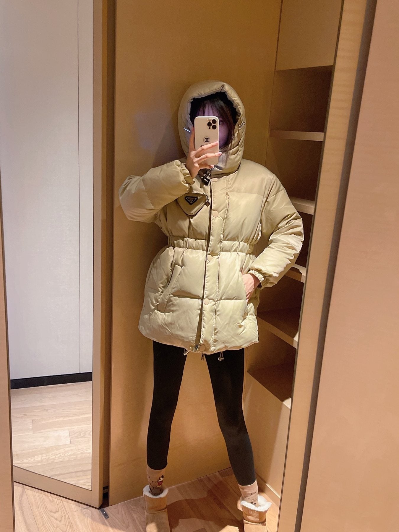Prada Hooded Gathered-Waist Puffer Jacket — model