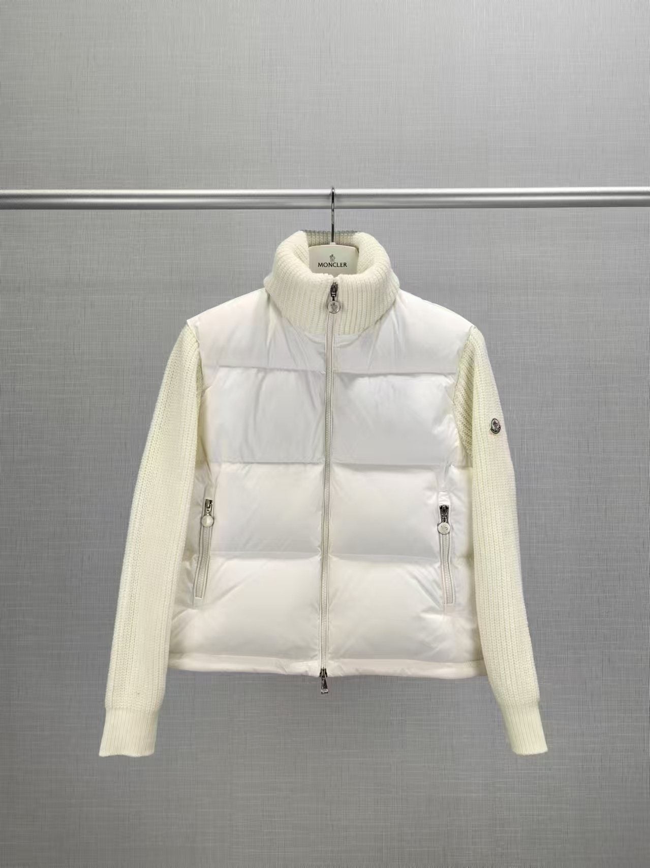 Moncler Women's High-Collar Knit-Sleeve Down Jacket — front