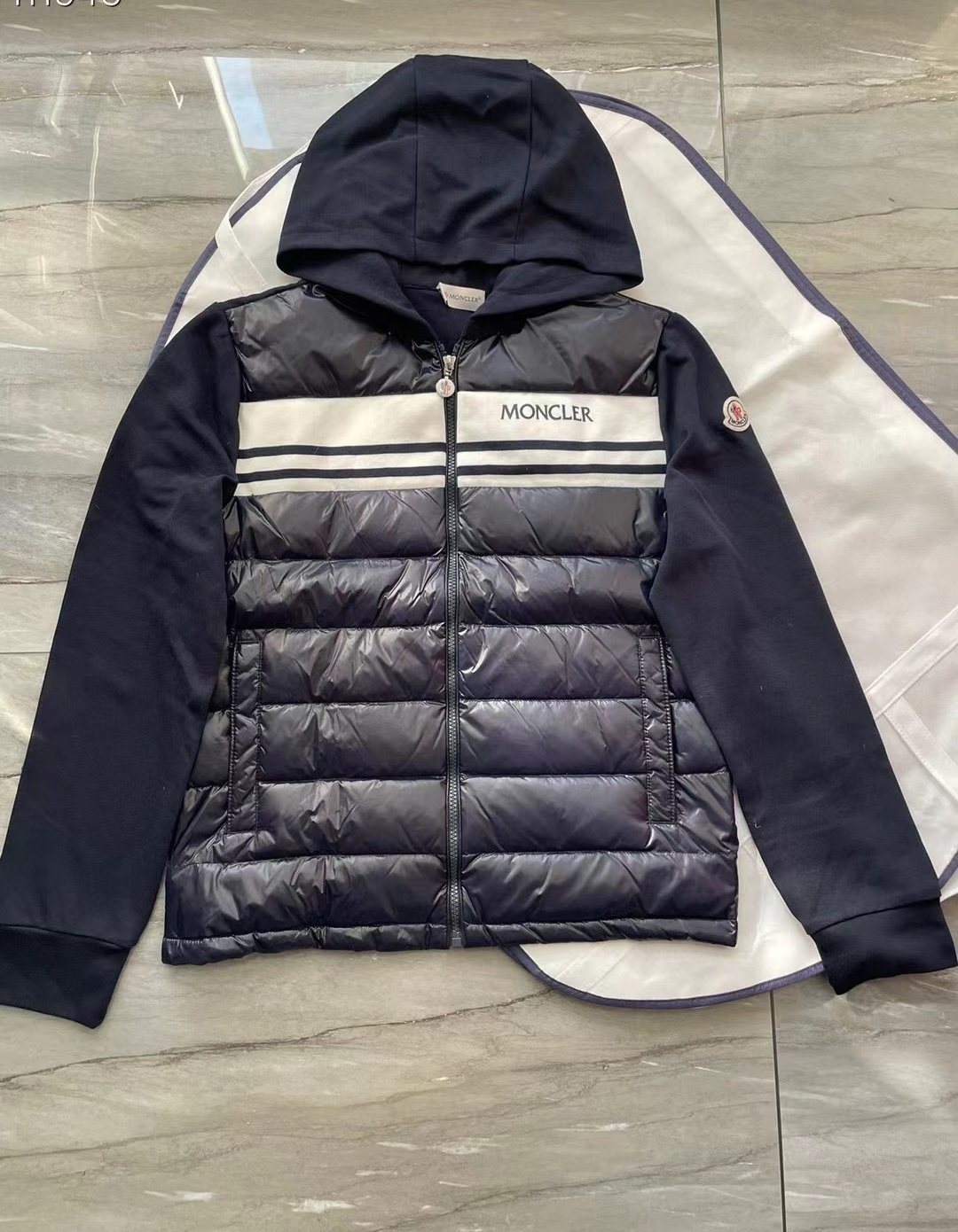 Moncler Hooded Knit-Sleeve Puffer Jacket — front