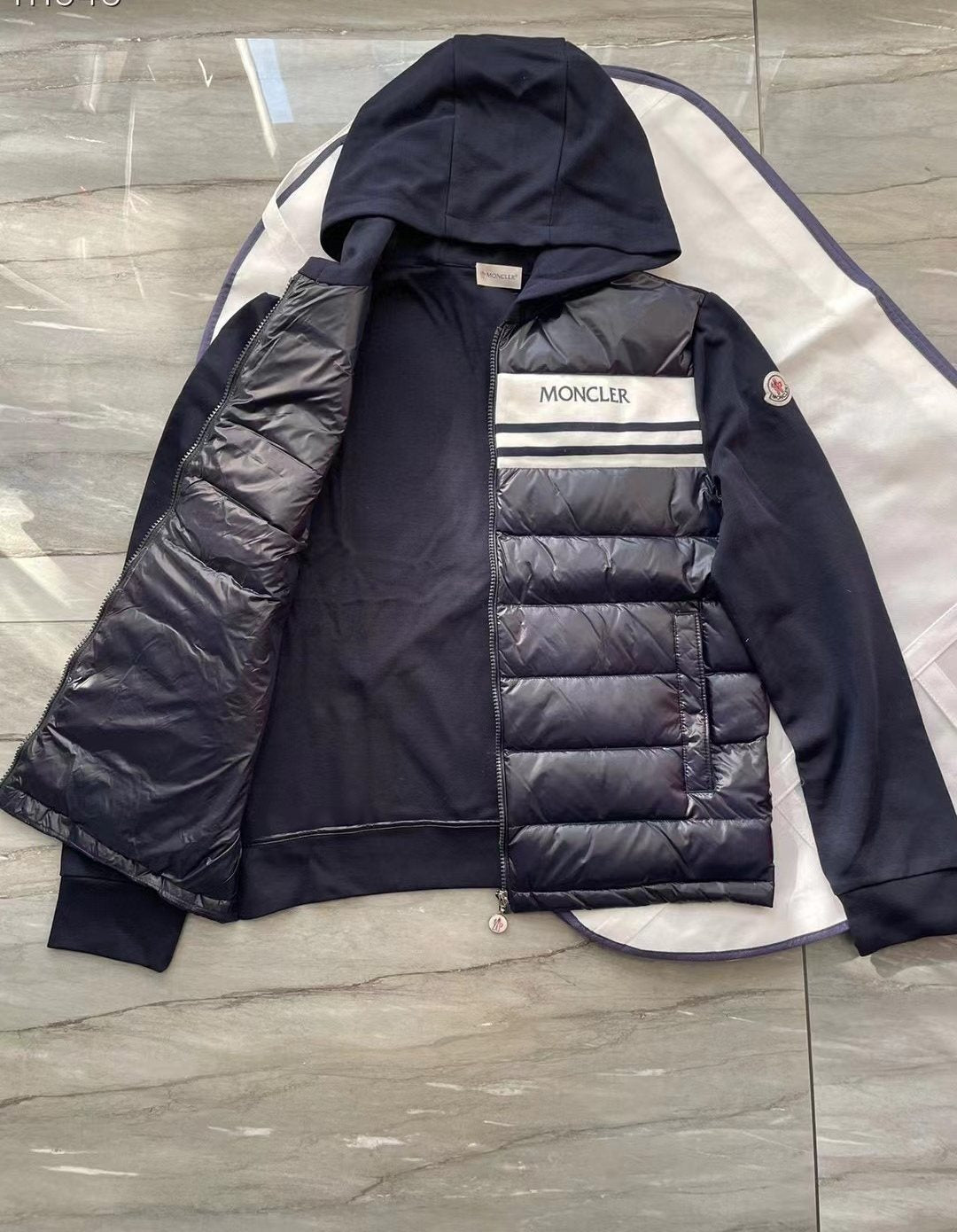 Moncler Hooded Knit-Sleeve Puffer Jacket — detail