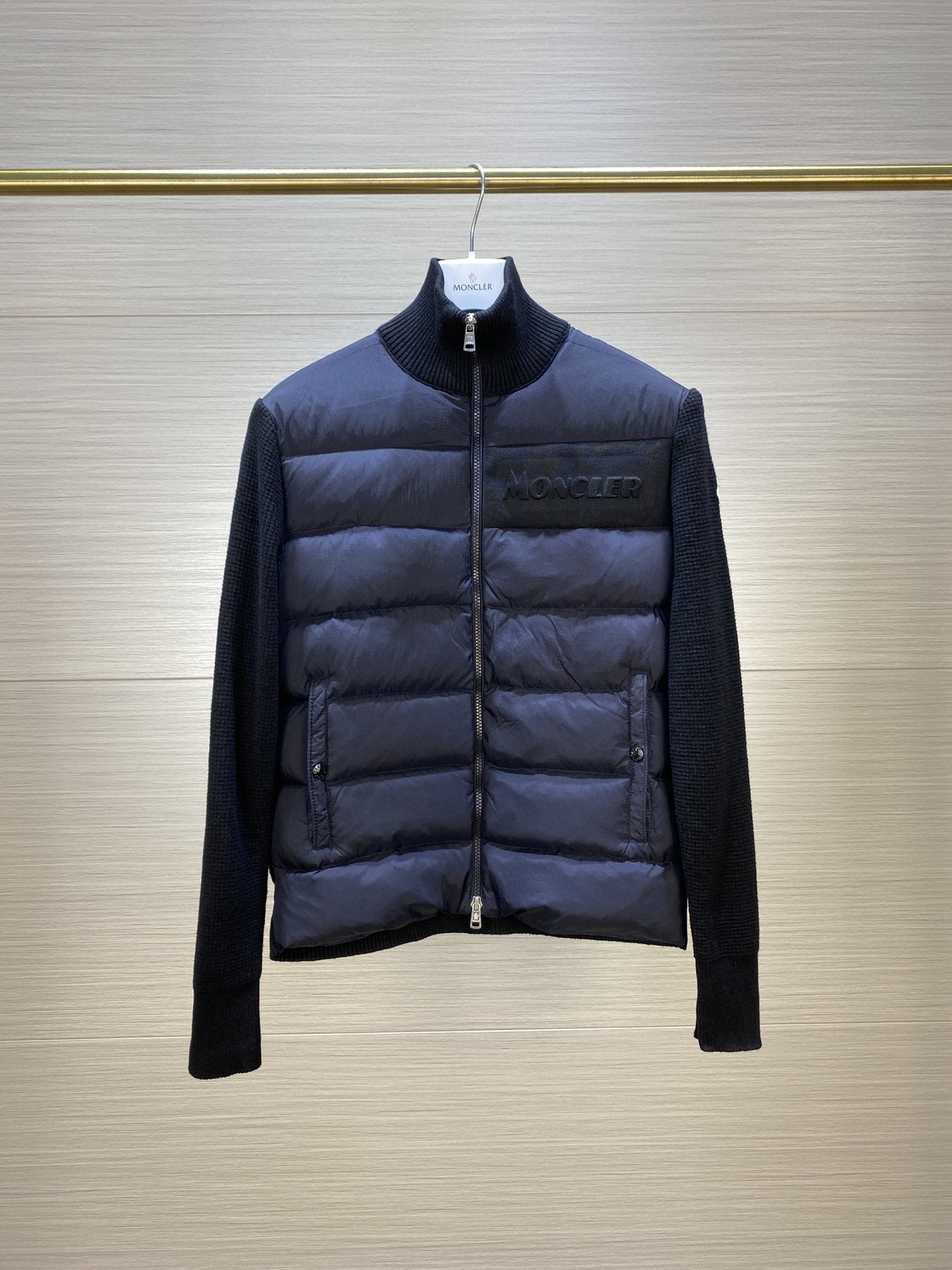 Moncler Quilted Front Knit Sleeve Zip Jacket — front