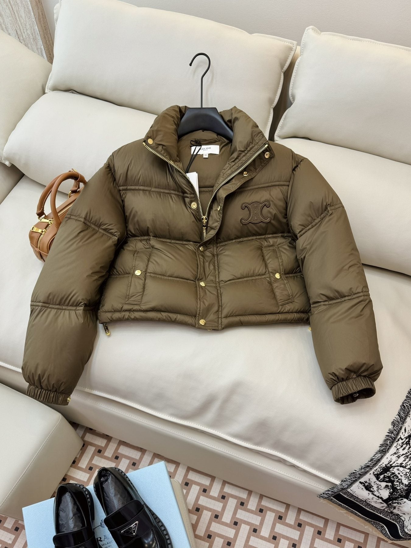 CELINE Cropped Triomphe Monogram Puffer Jacket — front