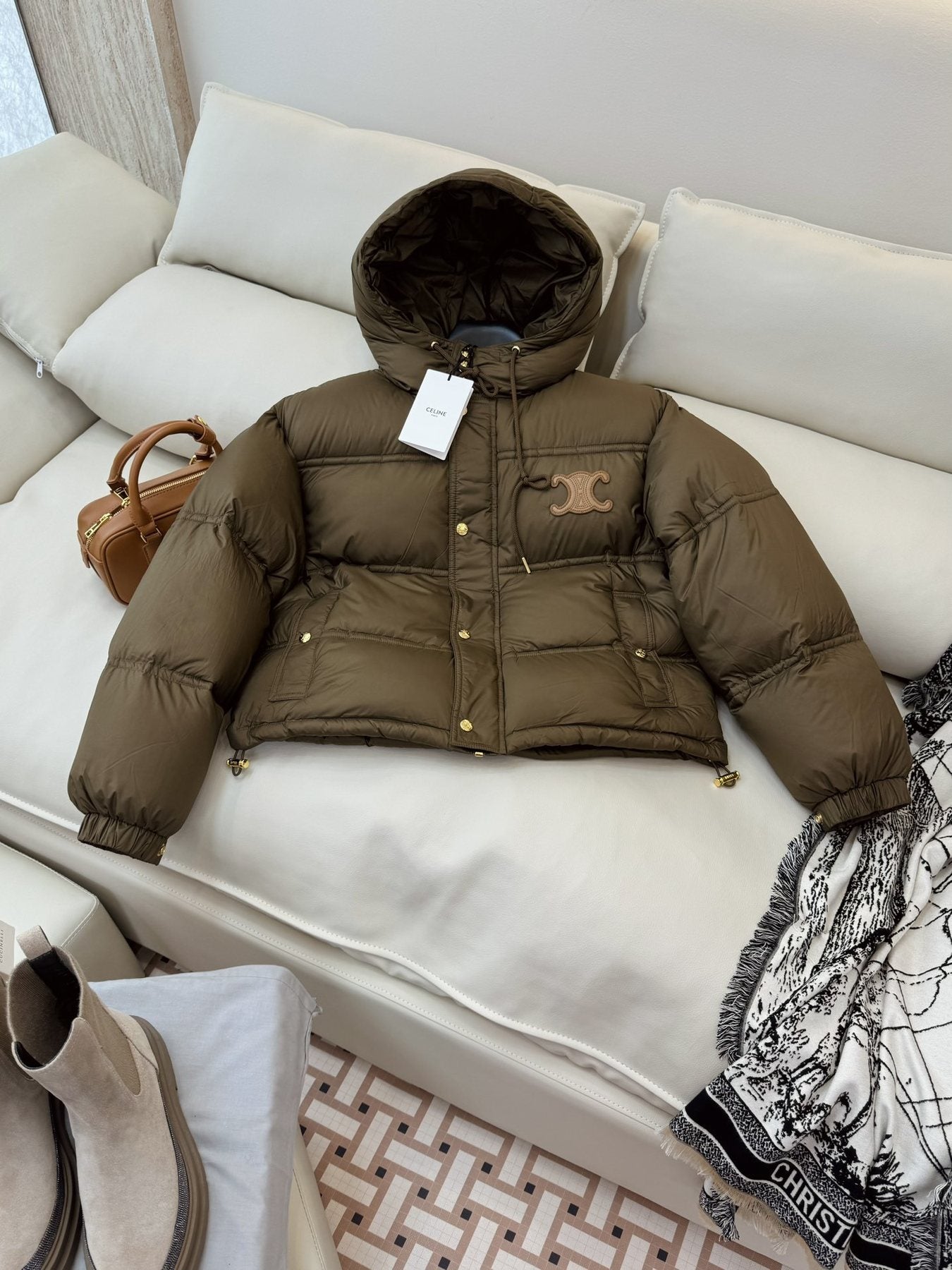 CEL*NE Down Coat Cropped Hooded Puffer Coat — front