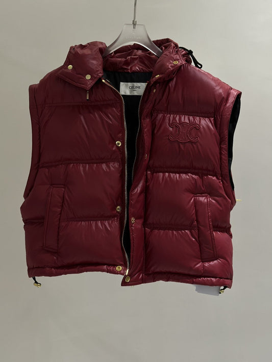 CEL*NE Down Coat Glossy Hooded Quilted Puffer Vest with Gold Buttons — front