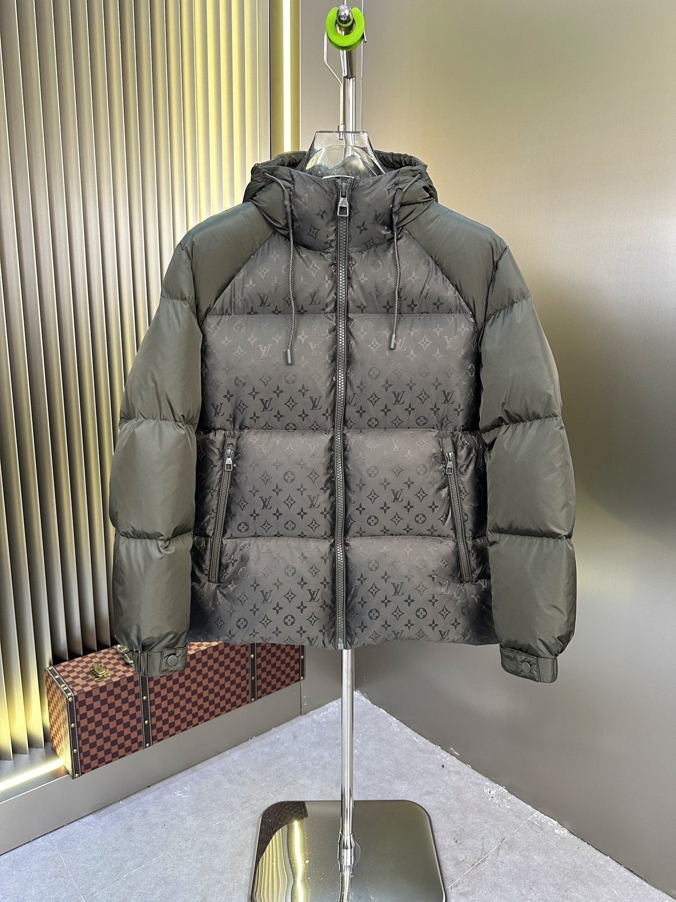 LV Hooded Monogram-Panel Puffer Coat — front